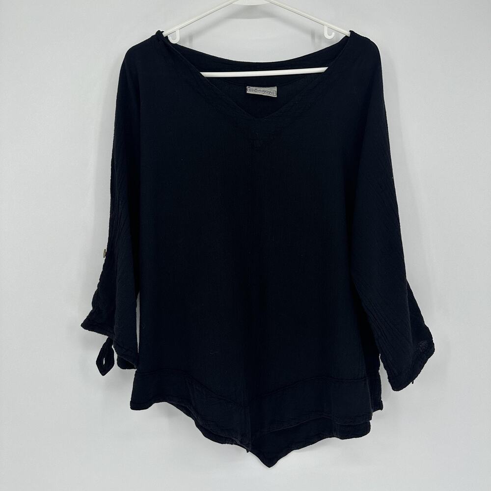 Cottonways Shirt Womens Size LARGE Black V-Neck Tunic 3/4 Roll Tab Sleeves Boho